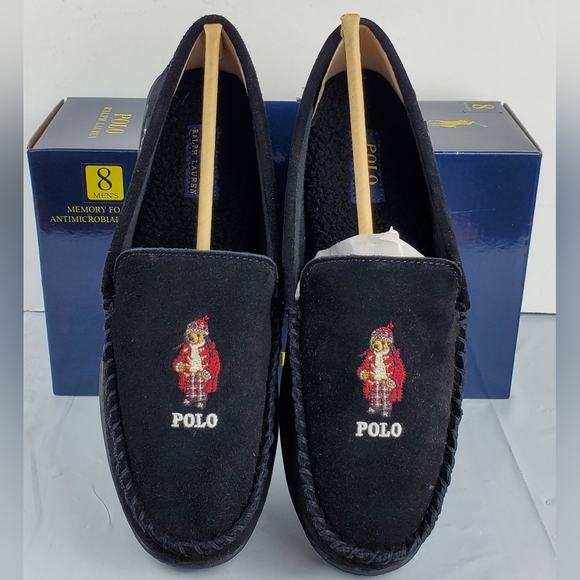 Polo Ralph Lauren Mens Black Holiday Brenan Bear Moccasin Slippers- Size 8 - NIB - Picture 1 of 10